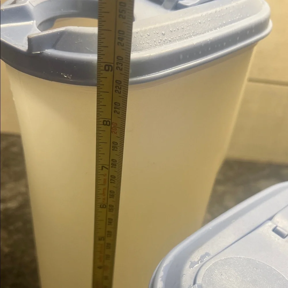 Set of Two Slim Line Plastic Storage pitchers with Blue Flip Lids by Tupperware